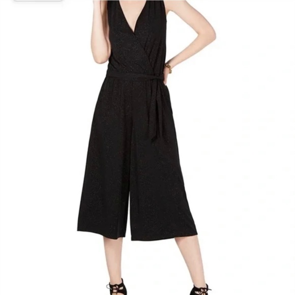 Faux Wrap V-Neck Glitter Jumpsuit - Picture 1 of 7